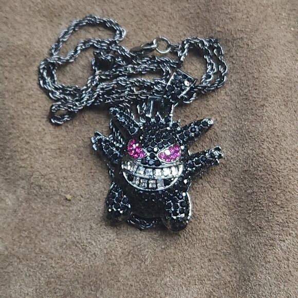 Other - Black Iced Gengar Pendant Stainless Steel Rope Chain 24" Purple Eyes Bling Neckl